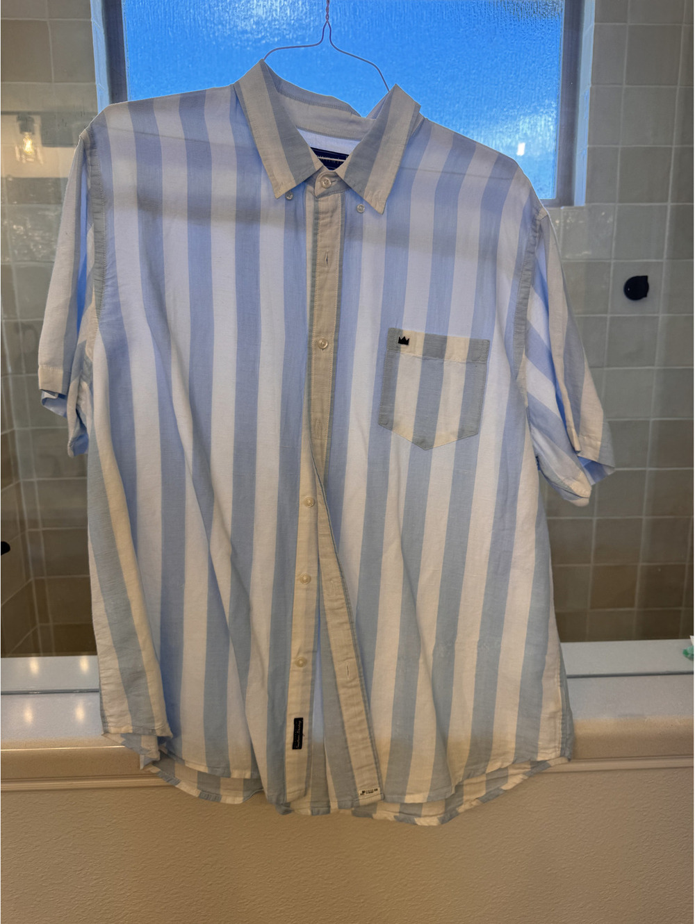 Crown & Ivy blue white striped short sleeve button down shirt